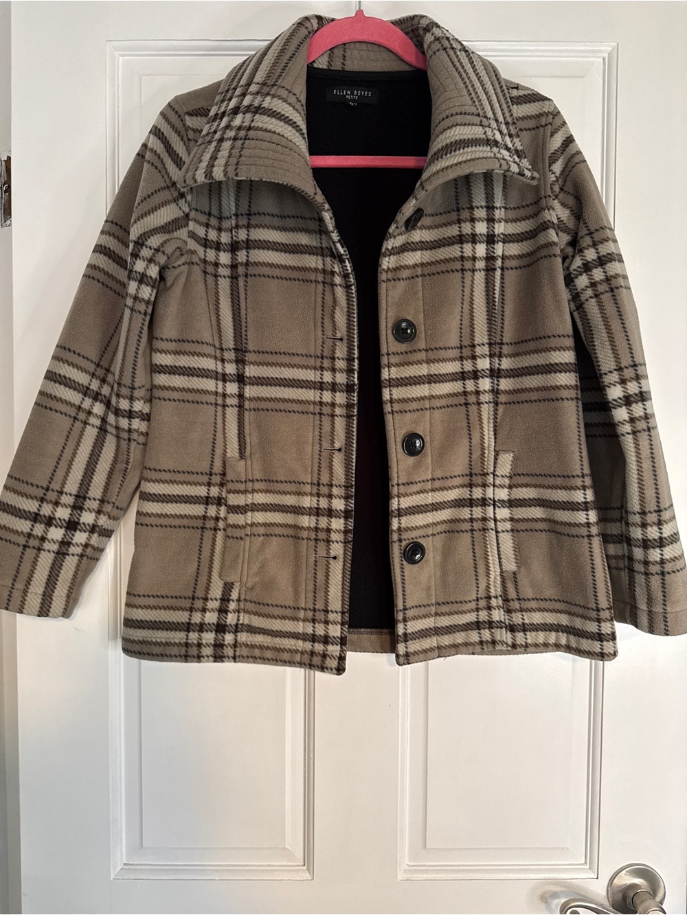 Ellen Tracy Women's Plaid Pea Coat in Beige and Black